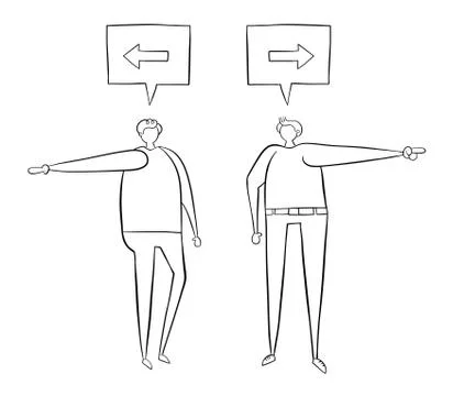 Two men arguing about direction. One says left, the other says right. Stock Illustration
