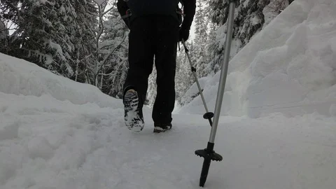 Two Men With Backpacks Go Along the Snowy Road to the Tatry Mountains. Slovakia Stock Footage 101809272