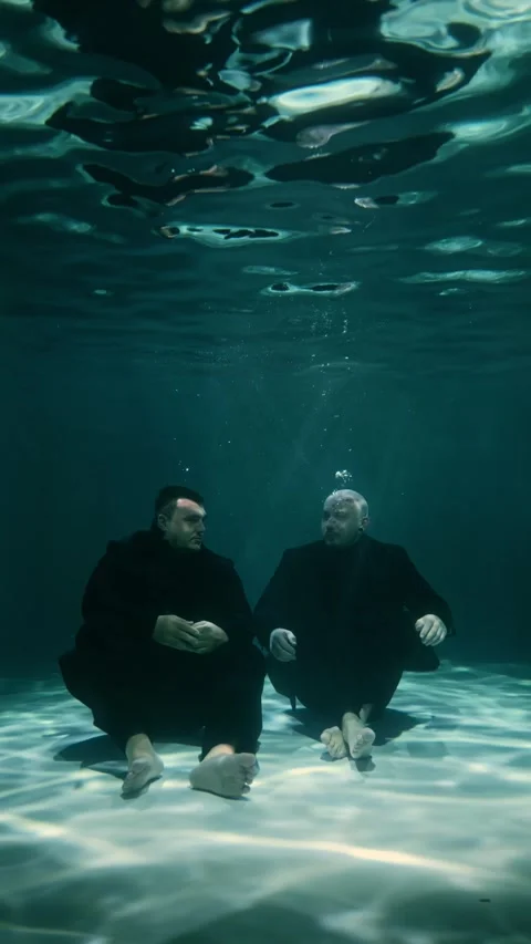 Two men in black suits are sitting underwater at the bottom of the pool Stock Footage 315558739