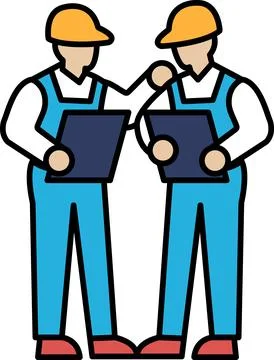 Two men in blue work clothes are holding papers and looking at each other Stock Illustration