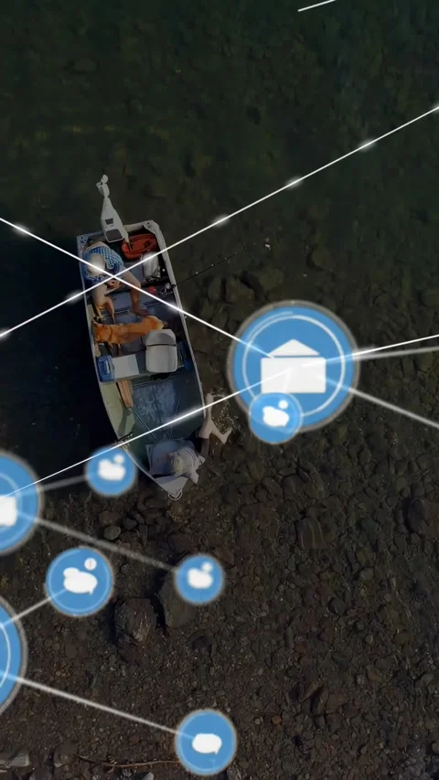 Two men in boat shifting, pulsing tech node branching into blue net covering Stock-Footage 330285973