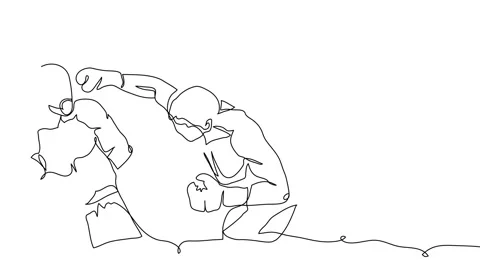 Two men boxers are fighting in red gloves, animated illustration. One continuous Stock Footage 300951178