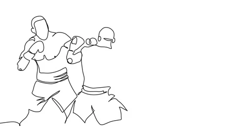 Two men boxers are fighting in red gloves, animated illustration. One continuous Stock Footage 300951190