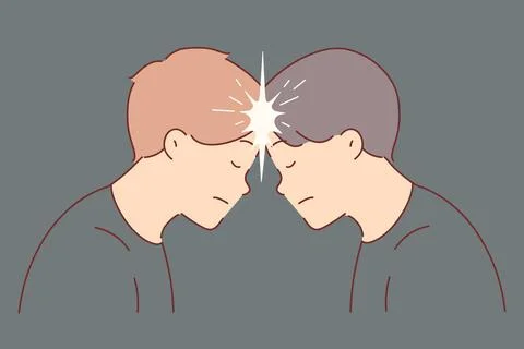 Two men brainstorm together and touch foreheads to create telepathic connection. イラスト素材