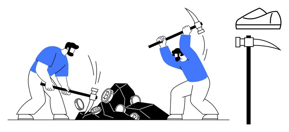 Two men breaking large rocks with hammer and pickaxe, safety shoes and tools  Stockillustratie