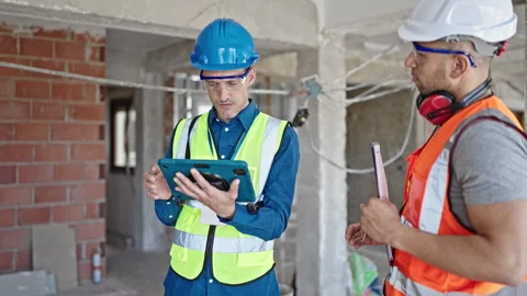 Two men builders reading document using touchpad shake hands at constructio.. 스톡 동영상 245022120