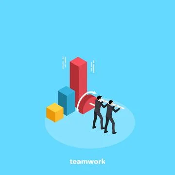 Two men in business suits work in a team to increase the chart, an isometric  Stock Illustration