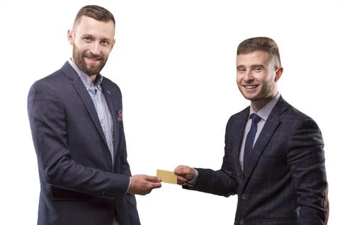 Two men with the card in the hands of Stock Photos