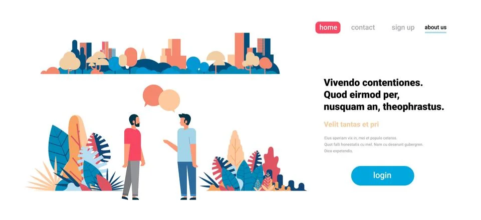 Two men chat bubbles communicating over city skyscraper view cityscape イラスト素材