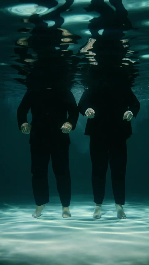 Two men in classic black suits are standing at the bottom of the pool underwater Stock Footage 315559162