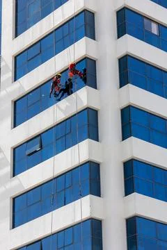 Two men cleaning windows on a skyscraper from outside on harness and ropes .. Foto stock