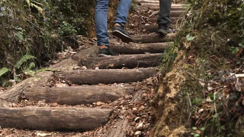 Two men climb up the log stairs leading. 15.04.2023, Brescia, Italy. Editorial Stock Footage 245756467
