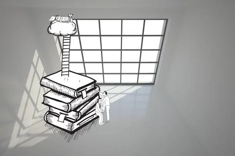 Two men climbing books in white room Illustrazione stock
