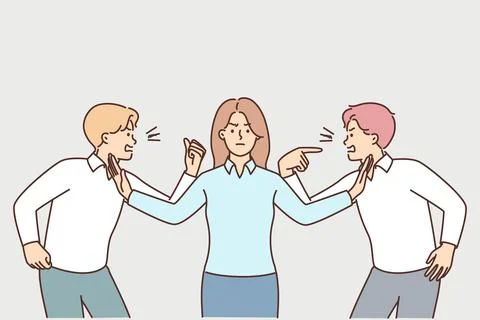 Two men colleagues quarrel over disagreements while female manager eliminates Stock Illustration