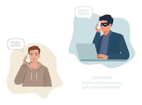 Two men communicating via phone call in separate illustrations with speech .. Stock Illustration