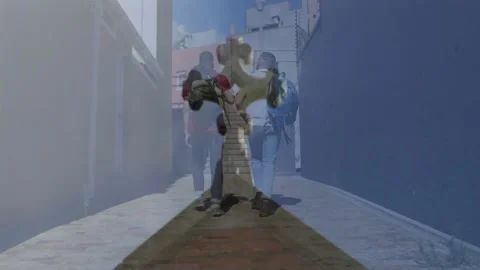 Two men commuting down alley, carrying backpacks while film cross overlay Stock Footage 329611306