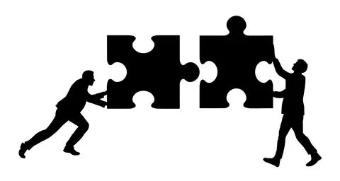 Two men connect two puzzle pieces. Teamwork, partnership and cooperation concept Stock Illustration