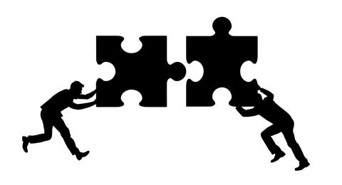 Two men connect two puzzle pieces. Teamwork, partnership and cooperation concept 库存插图