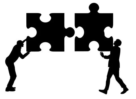 Two men connect two puzzle pieces. Teamwork, partnership and cooperation concept Stock Illustration