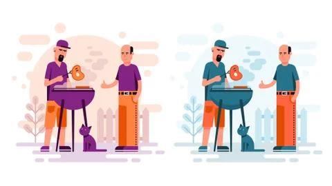 Two men cooking barbeque steaks Stock Illustration