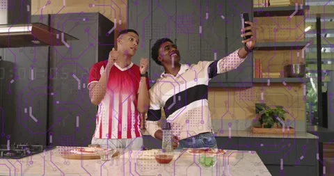 Two men cooking pizza, placing dough, spreading sauce, tossing, taking selfie, Stock Footage 318173586