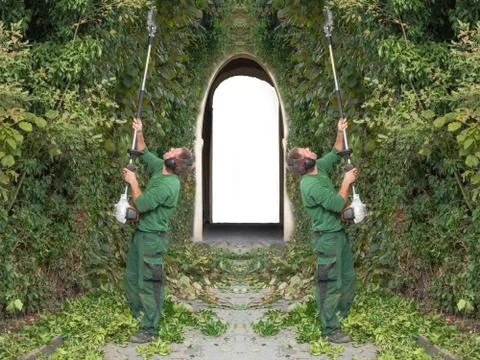 Two men cutting a hedge. Stock Photos