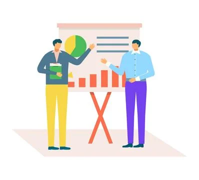 Two men discussing business data on presentation chart. Office workers analyzing Stock Illustration