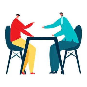 Two men discussing at table, professional meeting, disagreement concept Stock Illustration