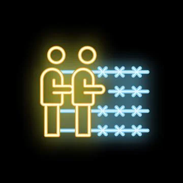 Two men divided by barbed wire fence neon sign on black background Stock Illustration