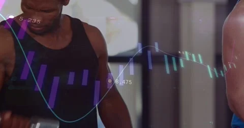 Two men doing bicep curls in gym, blue man picking dumbbell starting animated 스톡 동영상 331701498