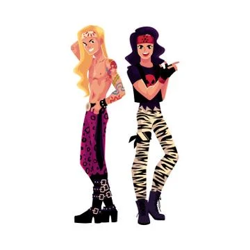 Two men dressed as glam rock stars, long hair, leather Stock Illustration