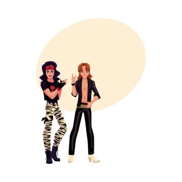 Two men dressed as glam rock stars, long hair, leather Stock Illustration