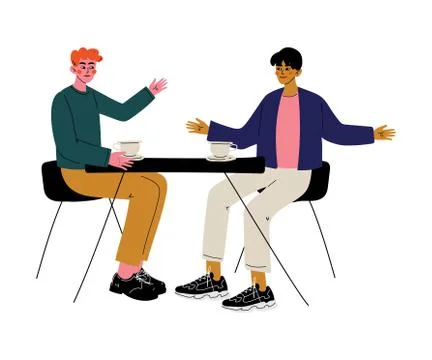 Two Men Drinking Coffee and Talking in Cafe, Male Friendship, Friends Spending Illustrazione stock