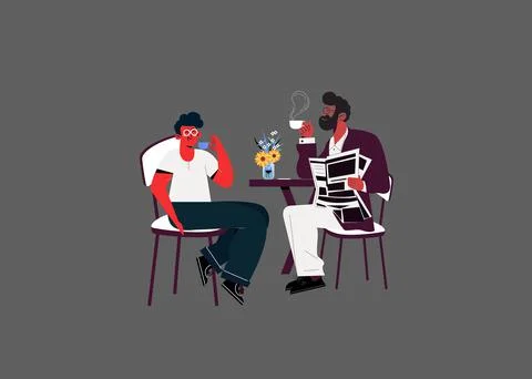 Two men drinking coffee and talking in cafe Illustrazione stock