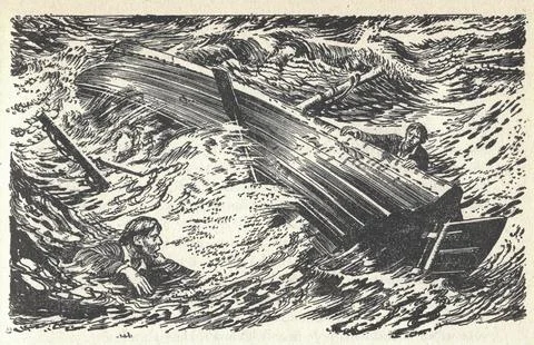 Two men drown in a storm at sea. Old black and white illustration. Vintage .. Illustrazione stock