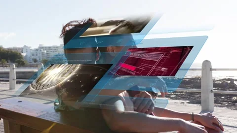 Two men embracing on bench by sea, incoming tech panels sweeping across them, Stock Footage 333528980