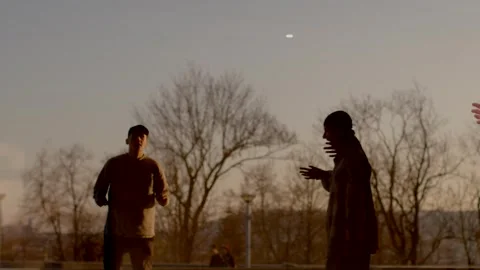 Two men enjoy a sunset on a balcony friends gather, laugh, and play Stock Footage 316494900