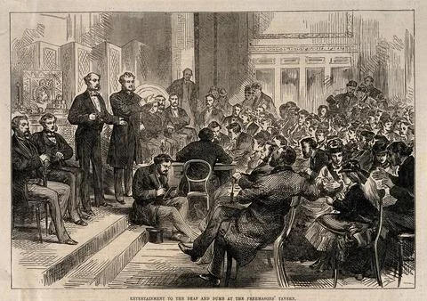 Two men entertain the deaf and dumb in sign language at the Freemason's Tav.. Stock Illustration