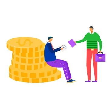 Two men exchanging documents near a large coin stack. Office worker giving 库存插图