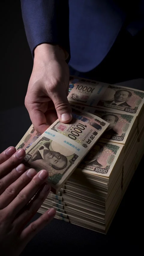 Two men exchanging stacks of Japanese Yen bills 库存影片 336766155