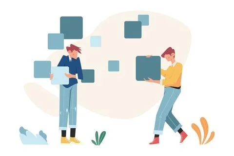 Two Men Extracting and Collecting Data Blocks Illustration Stock Illustration