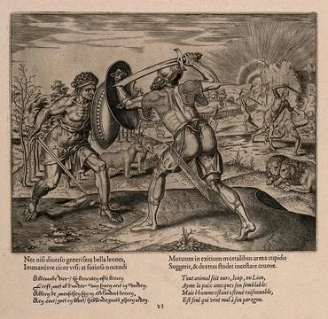 Two men fighting while animals sit in pairs placidly watching; an allegory .. Stock Illustration