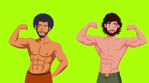 Two men flexing muscles and smiling on green screen background Stock Footage 329094132