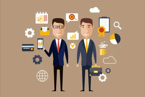 Two men in formal classical suits surrounded with business icons. Successful Illustrazione stock