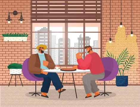 Two men friends sitting at a table eating pizza in pizzeria or restaurant with Illustrazione stock