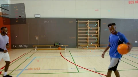 Two men grabbing ball after swish, dribbling and guarding, training hoops with Stock Footage 333601643