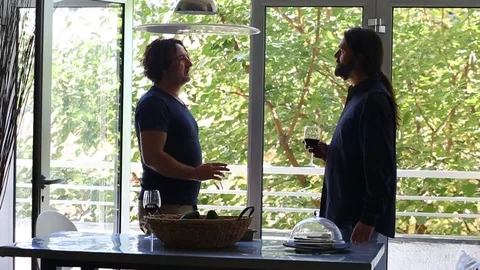 Two men having a conversation, standing by a balcony glass door Stock Footage 97441657