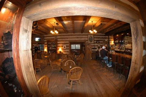 Two men having a drink at the bar at Sundance Resort, fisheye lens Stock Photos