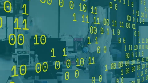 Two men in hazmat suits spraying office desks, with floating binary code Stock Footage 307466223