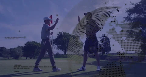 Two men high-fiving on golf fairway, showing technology-themed world map overlay Stock Footage 307452442